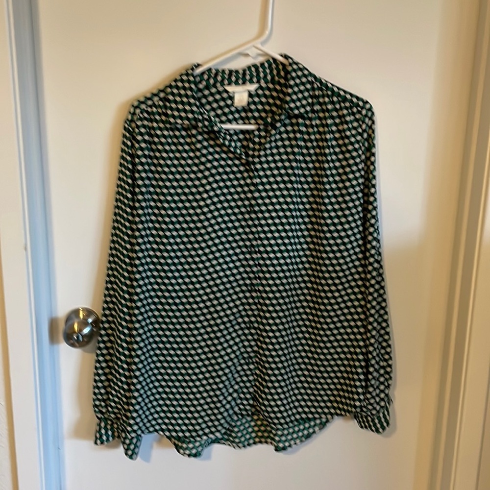 H&M green, black and white blouse, size 10